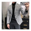 Black and white plaid slim-fit youth fashion jacket with cotton blend fabric, front view, sized M to 2XL