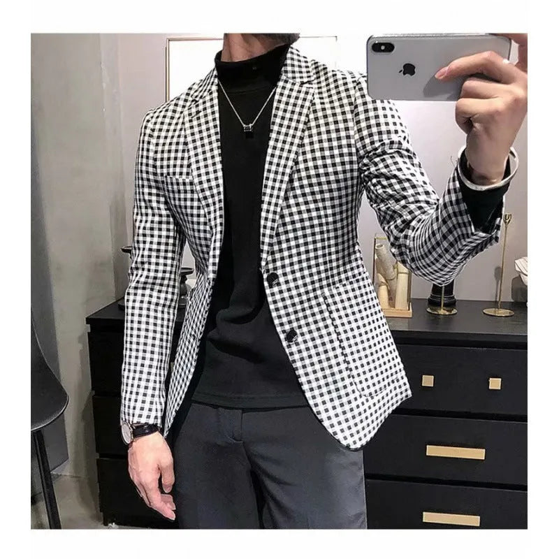 Black and white plaid slim-fit youth fashion jacket with cotton blend fabric, front view, sized M to 2XL