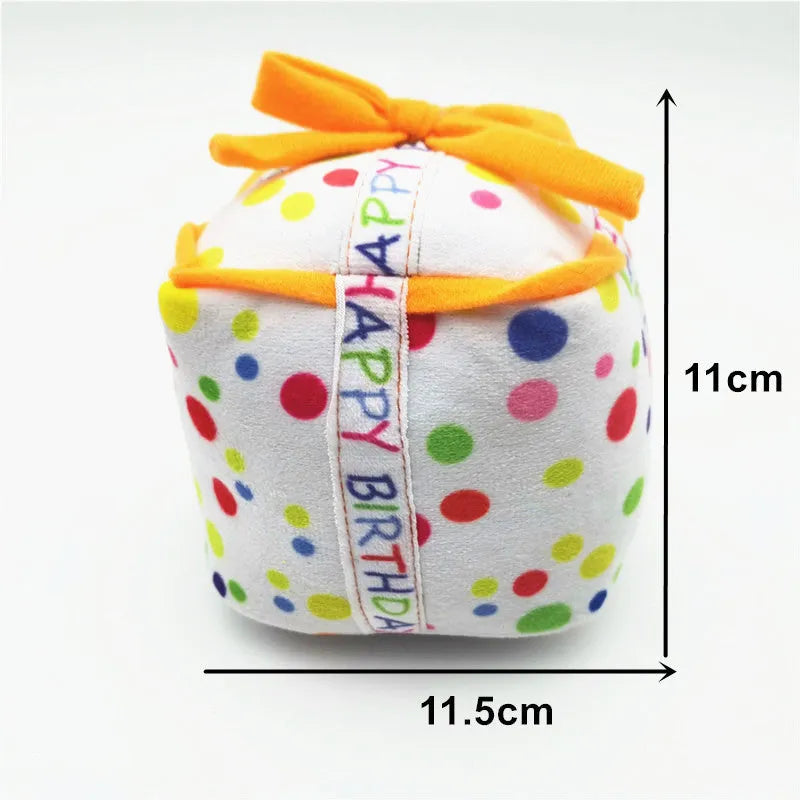 Cute dog birthday cake plush toy set with short plush big cake, small cake, gift box, and bone shapes