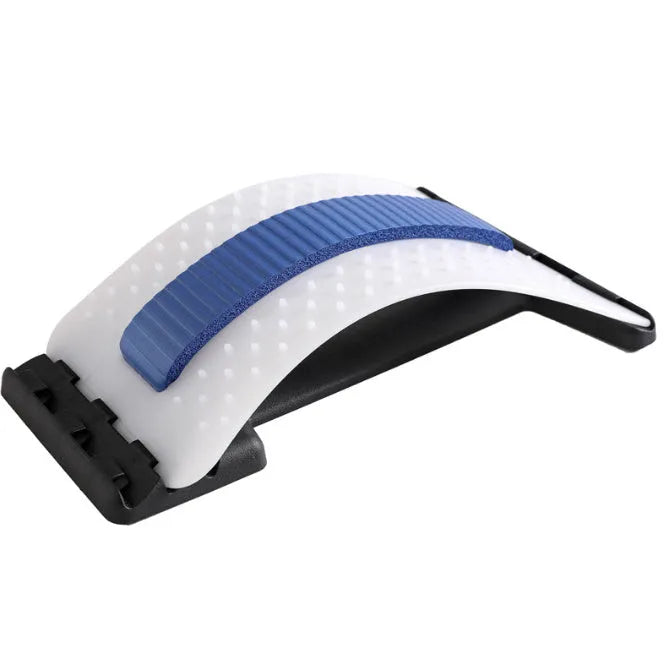 A blue and black adjustable back stretcher with 8 massage heads in a rectangular trapezoid shape for waist and back pain relief.