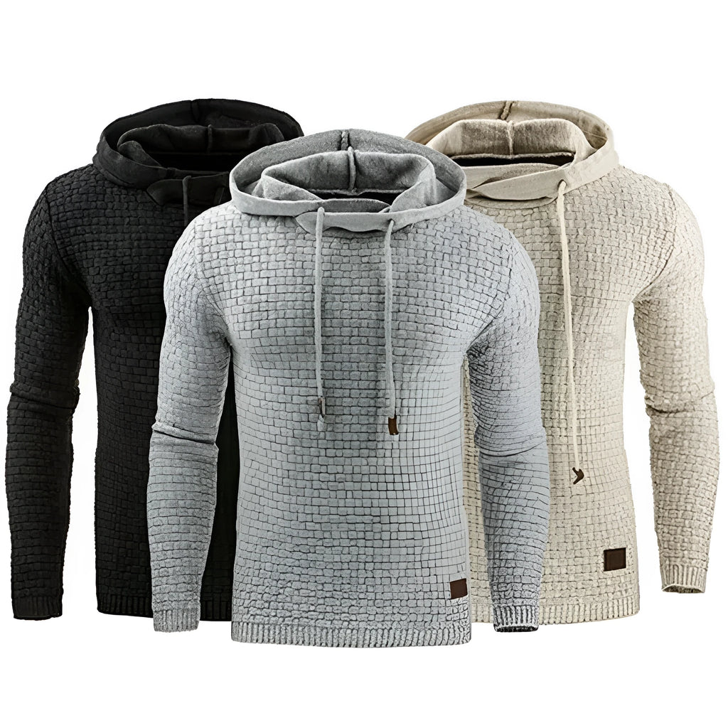 Men's jacquard cotton-acetate blend hoodie in solid colour, long sleeves, pullover style