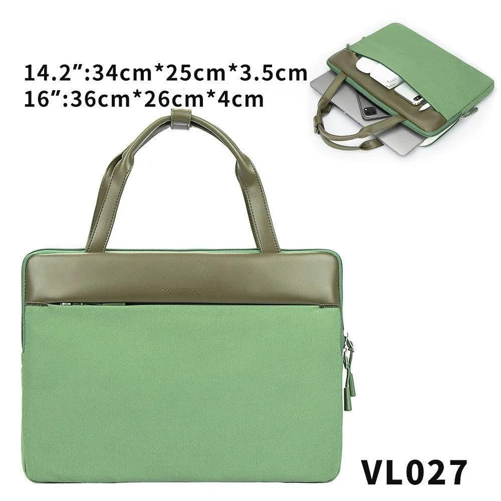 Green polyester laptop bag for 14.2 inch devices with soft handle and zipper pocket