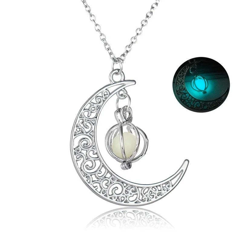Moon-shaped luminous fluorite pendant necklace with bamboo chain in sky blue colour