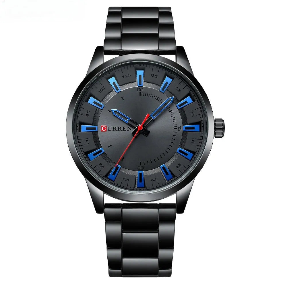 Men's business quartz watch with silver stainless steel strap and blue white scale dial on wrist