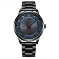 Men's business quartz watch with silver stainless steel strap and blue white scale dial on wrist