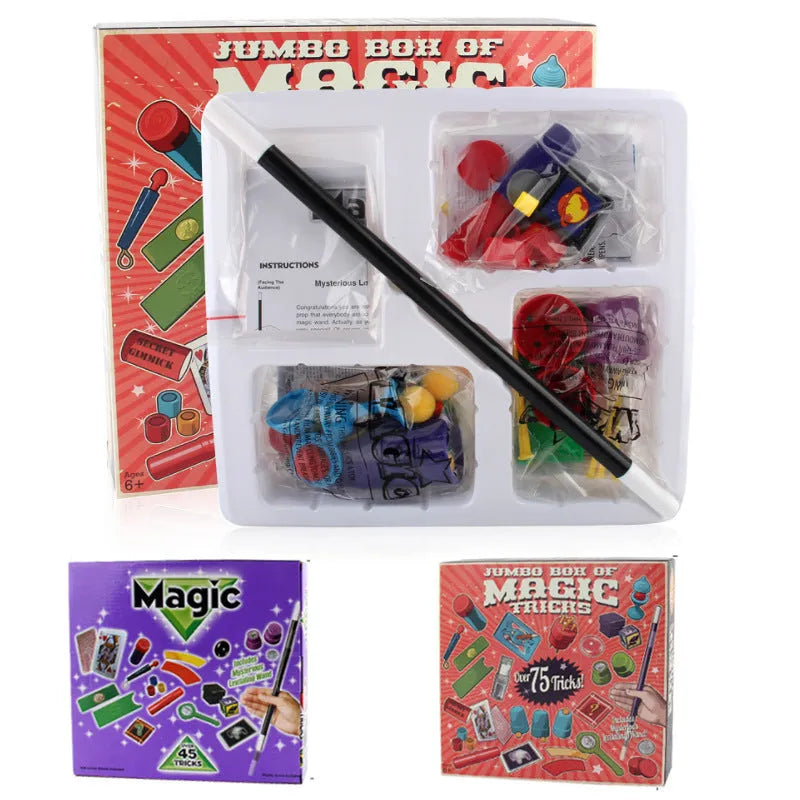 Purple and red plastic magic toy props for children aged 3-7 in a carton.