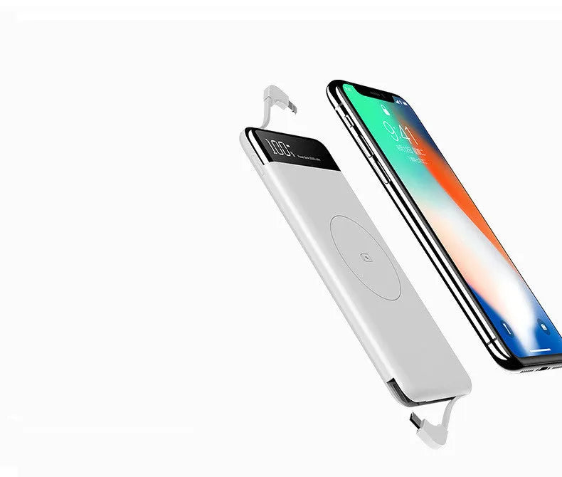 Thin 10000mAh wireless power bank with digital display and built-in cable in black