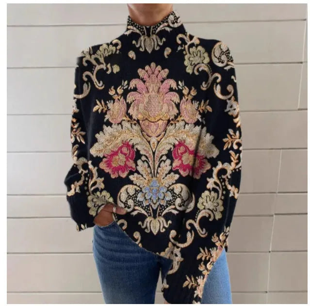 Black long sleeve turtleneck sweater with a 3D colour matching pattern, loose fit.