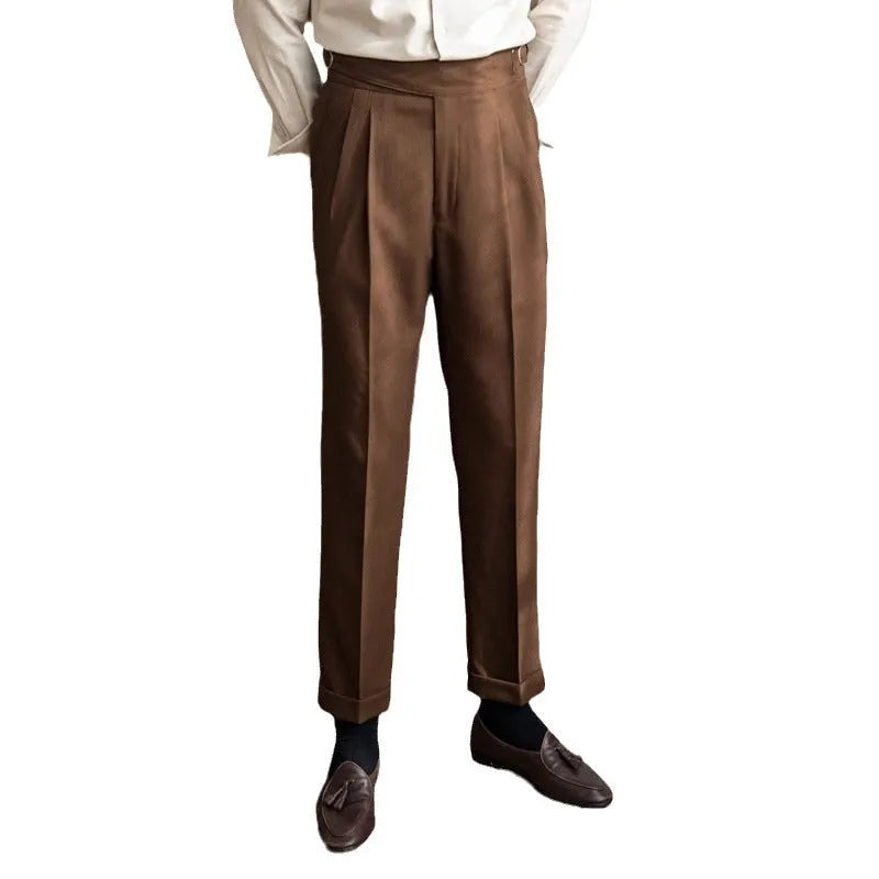 Men's high waist straight leg casual trousers in polyester fabric showing black, brown, khaki and white colour options