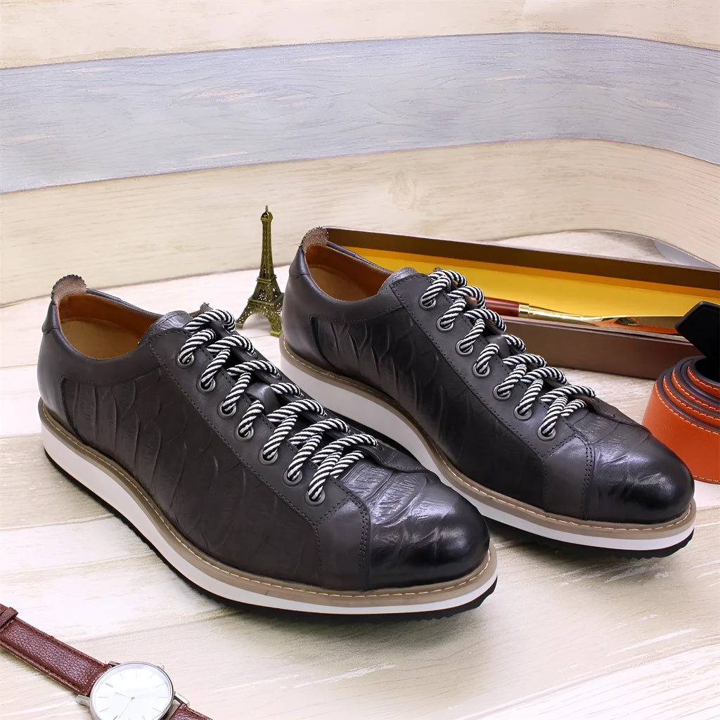 Men's low-tube handmade shoes with embossed pattern design and front tie closure in multiple colour options