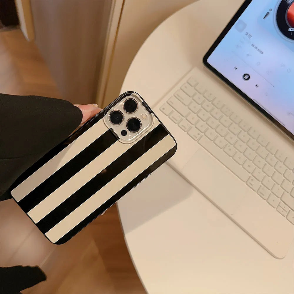 Soft TPU phone case with bright black wide stripes for iPhone, Japan South Korea style design