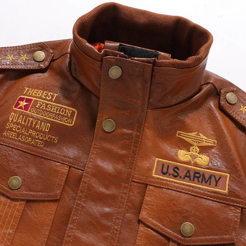 Men's PU leather jacket with stand-up collar, slim fit, short length, available in brown, black, and army green
