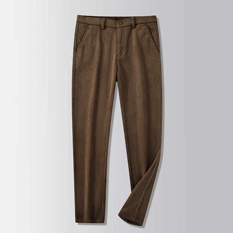 Men's British retro-style long straight striped pants in a chemical fibre blend, shown with a zip fly.