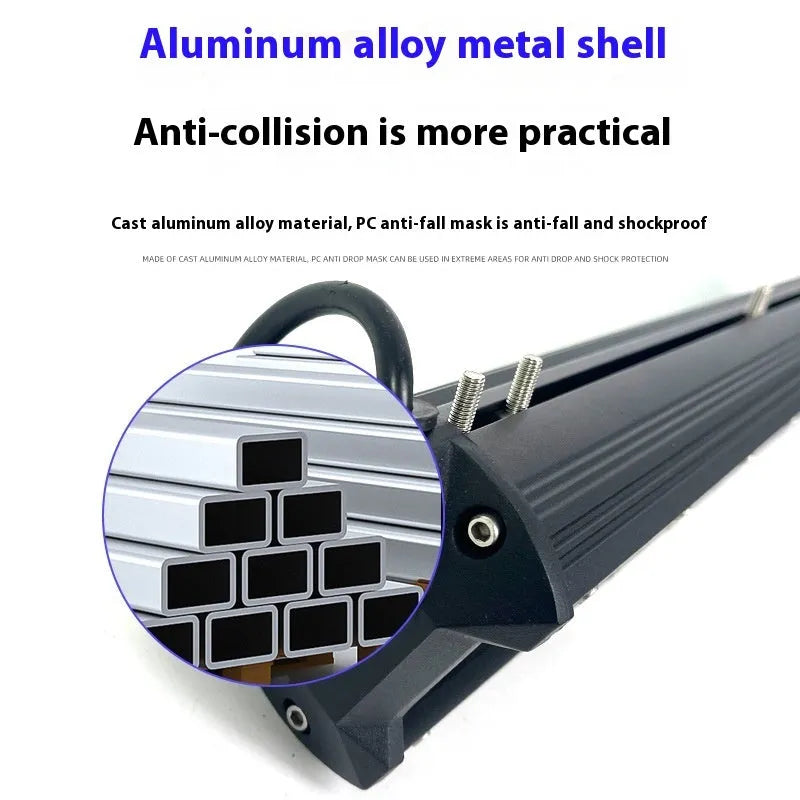 Black aluminium alloy double row LED strip light for off-road truck and agricultural machinery use.