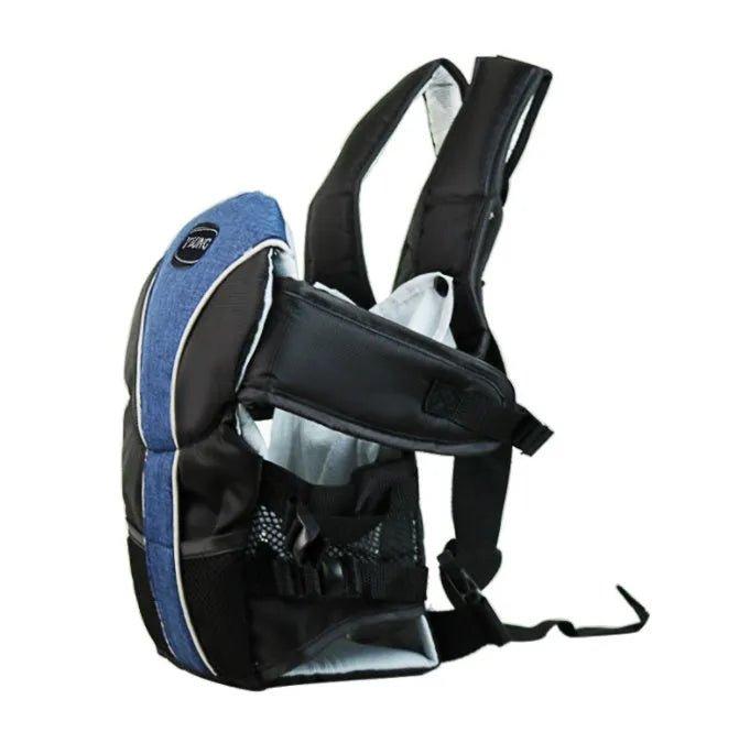Double-shoulder baby carrier in red colour showing face-to-face carrying position