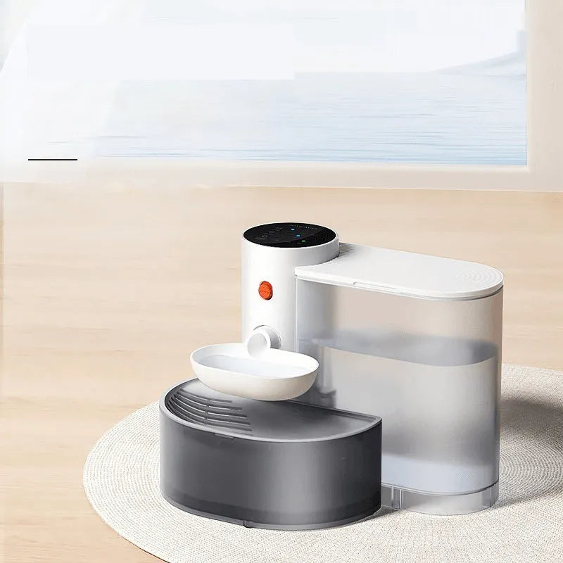 White rechargeable automatic water fountain for cats with 3 litre capacity and stainless steel bowl option