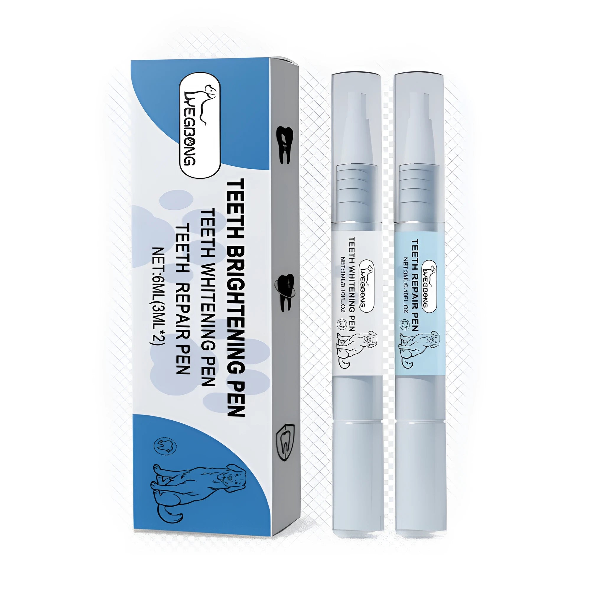 Pet dental brightening pen set showing repair and whitening pens with plant extract formulas