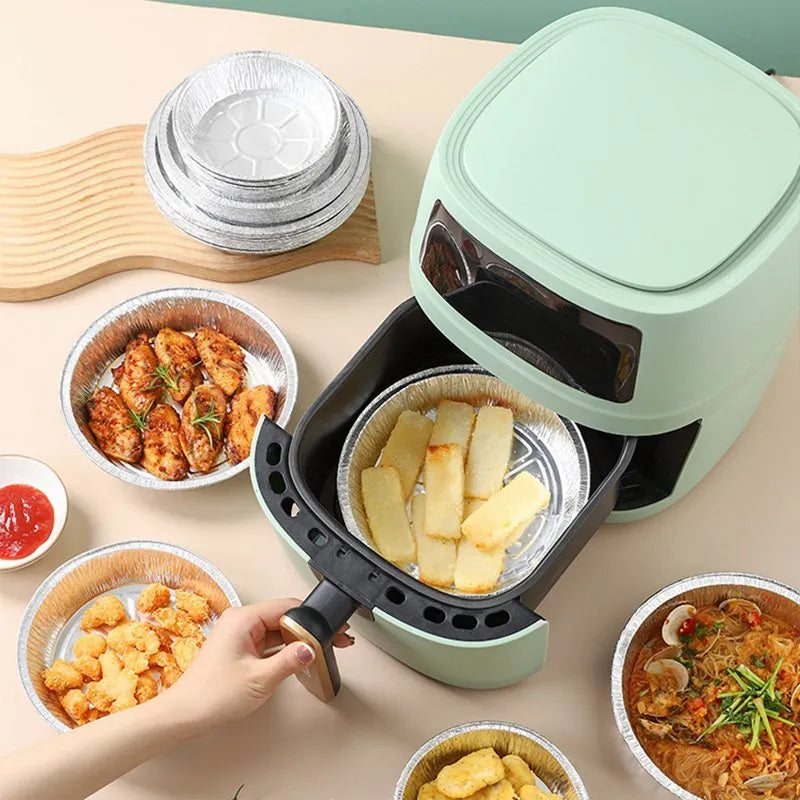 Non-stick aluminium foil air fryer liner, round 8 inch deep plate, disposable oil-proof tray with 4 cm edge