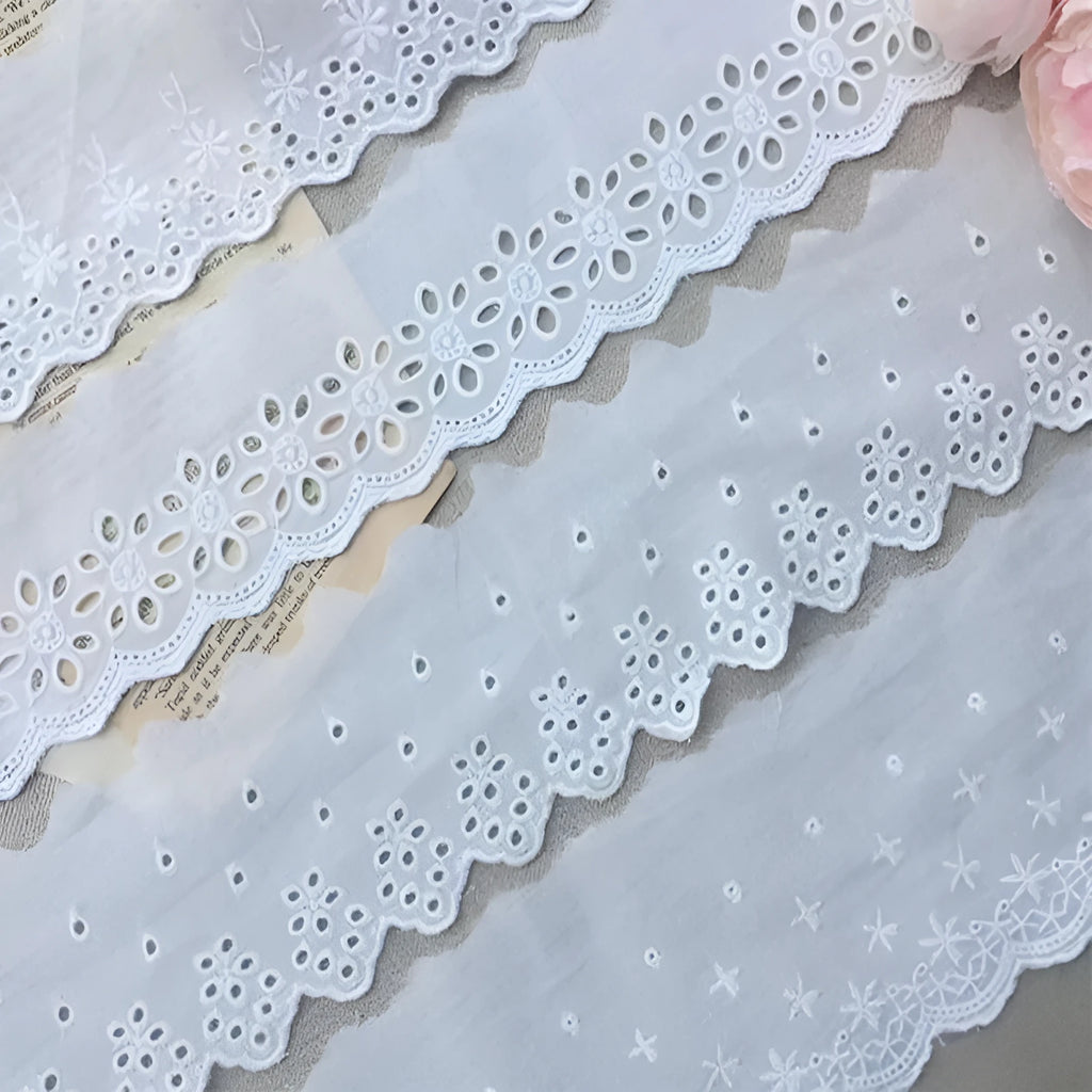Cotton embroidered lace trim tape showing four width options for clothing DIY projects