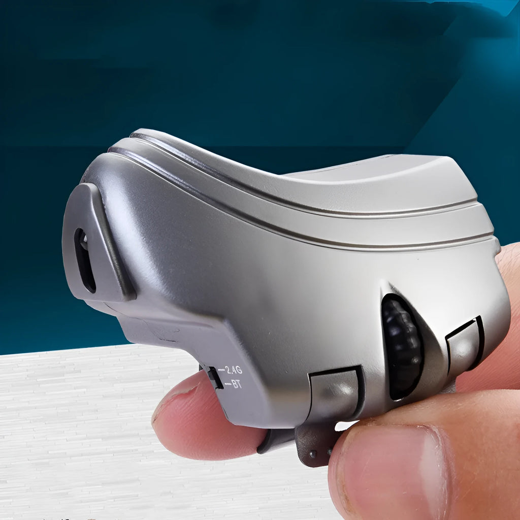 Black and silver grey finger ring mouse, 2.4GHz wireless, 1000dpi optical, 60mm by 40mm, rechargeable, three keys