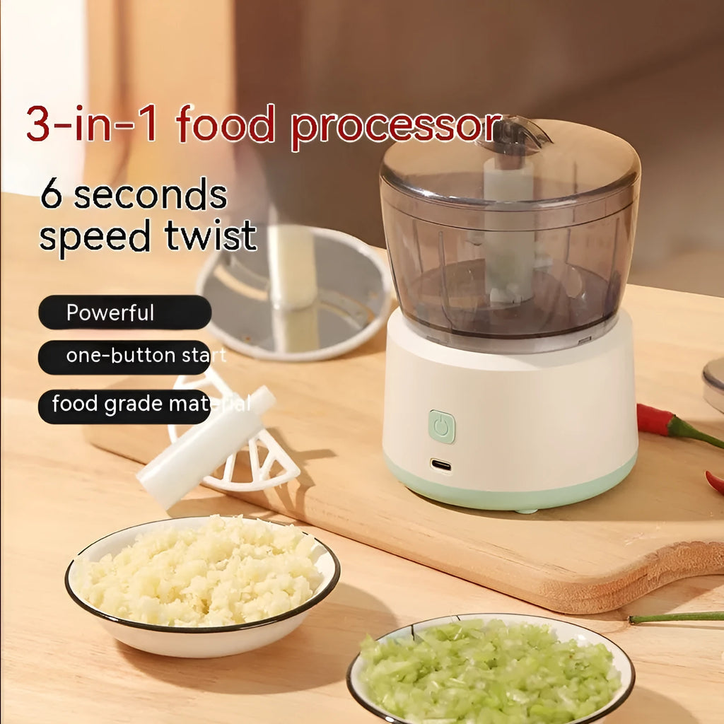 Mini electric meat grinder with transparent cup and stainless steel blades in white or light green