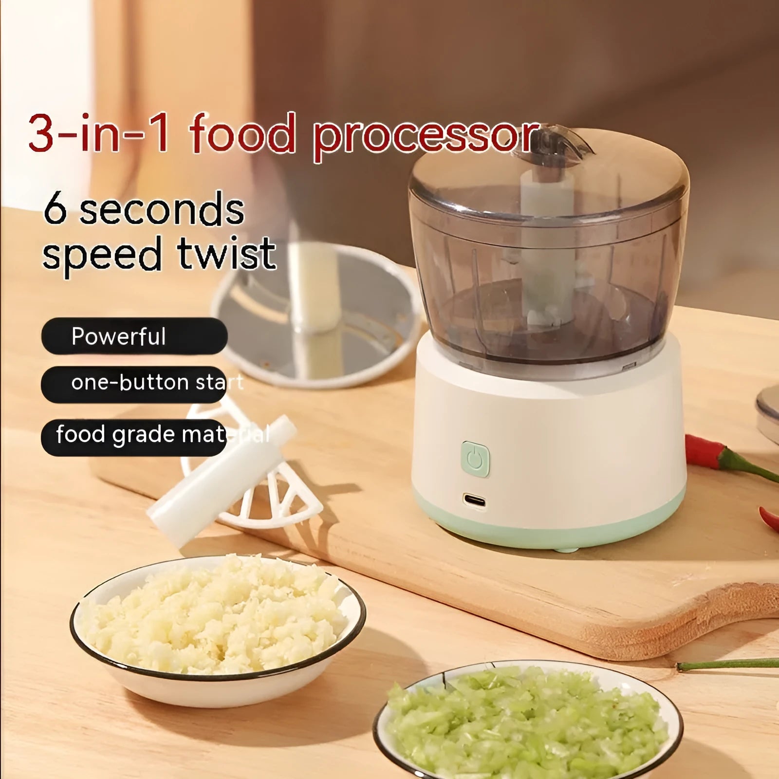 Mini electric meat grinder with transparent cup and stainless steel blades in white or light green