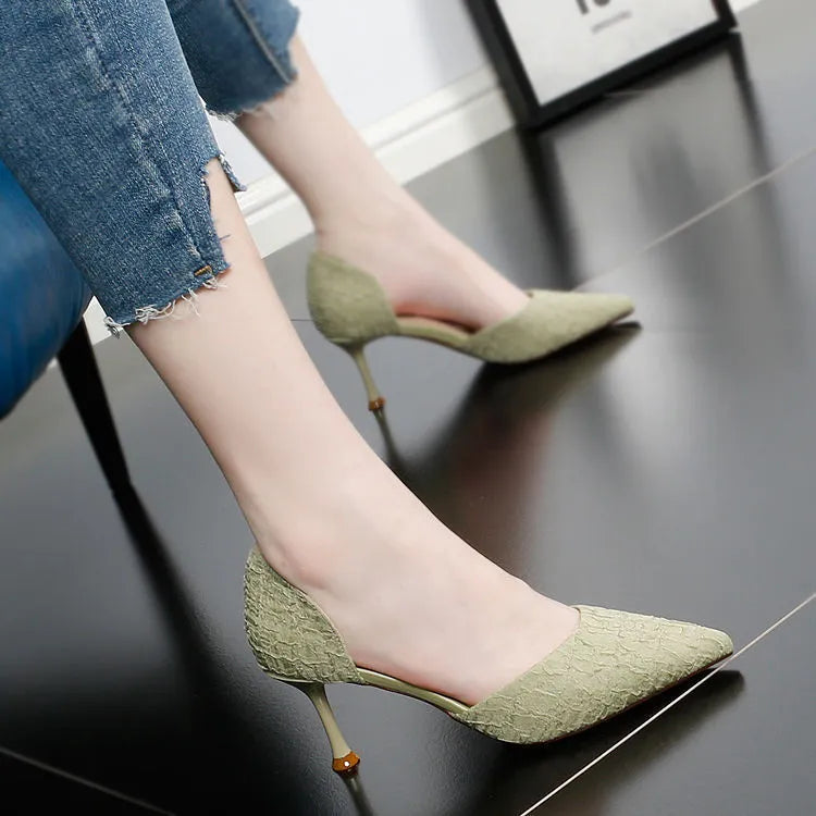 Women's black pointed toe stiletto heels with 6-8cm heel height and PU leather upper