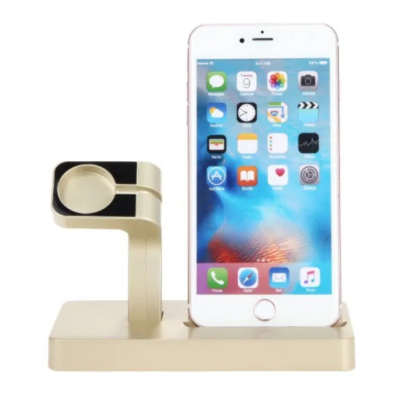 White Apple Watch and iPhone 2-in-1 charging dock station on a wooden desk.