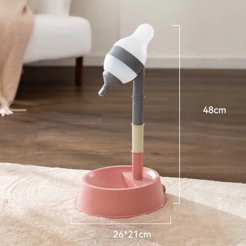 Green adjustable standing water dispenser for pets with a separate bowl and detachable pole