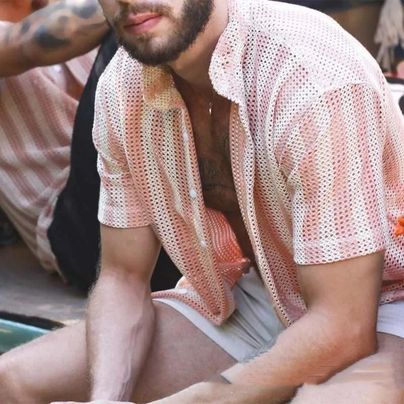 Men's pink waffle texture shirt with hole design, cardigan style with short sleeves