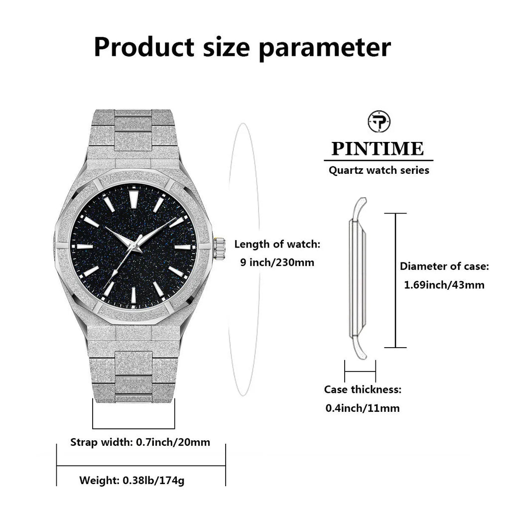 Men's business watch with stainless steel frosted case and luminous hands in silver, gold or black