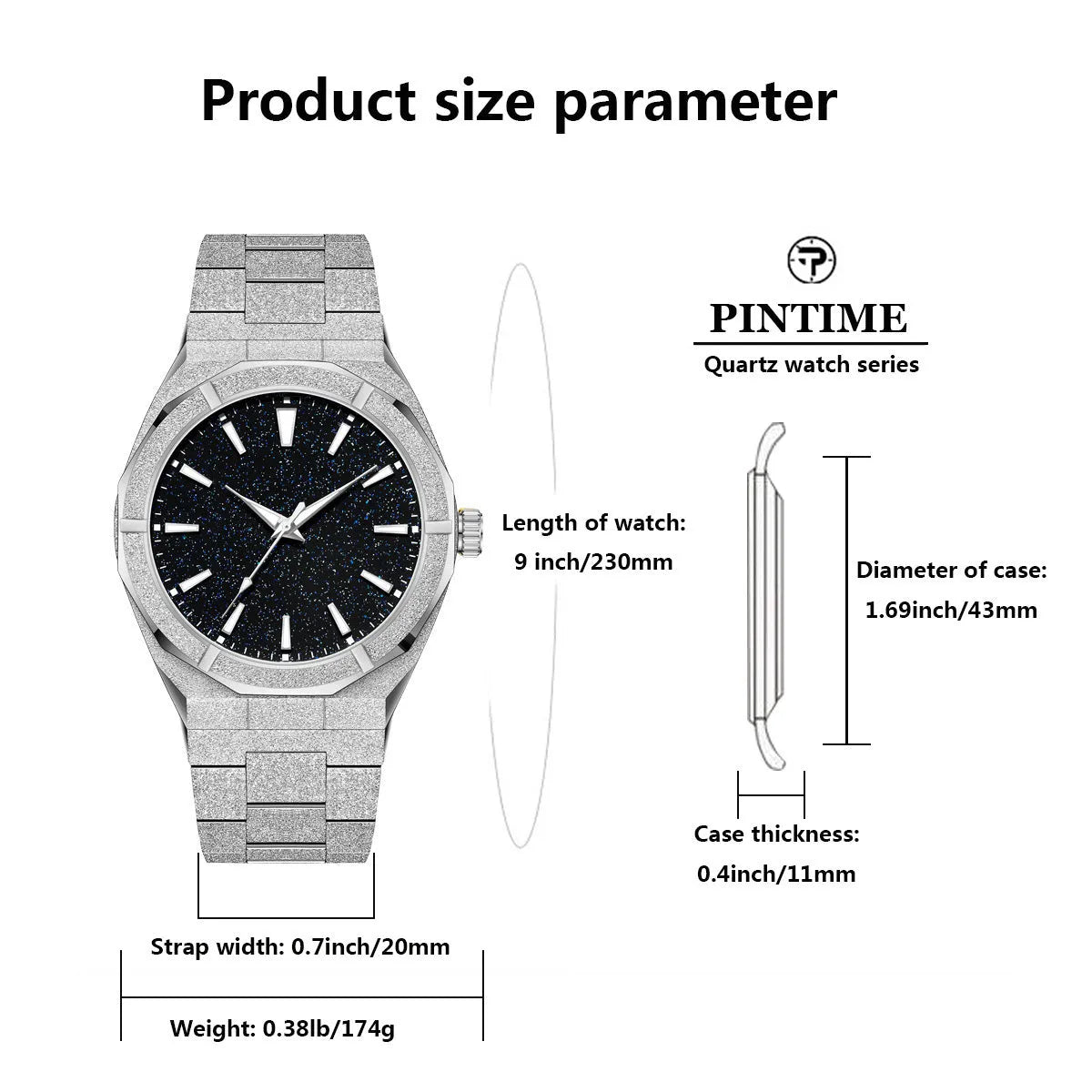 Men's business watch with stainless steel frosted case and luminous hands in silver, gold or black