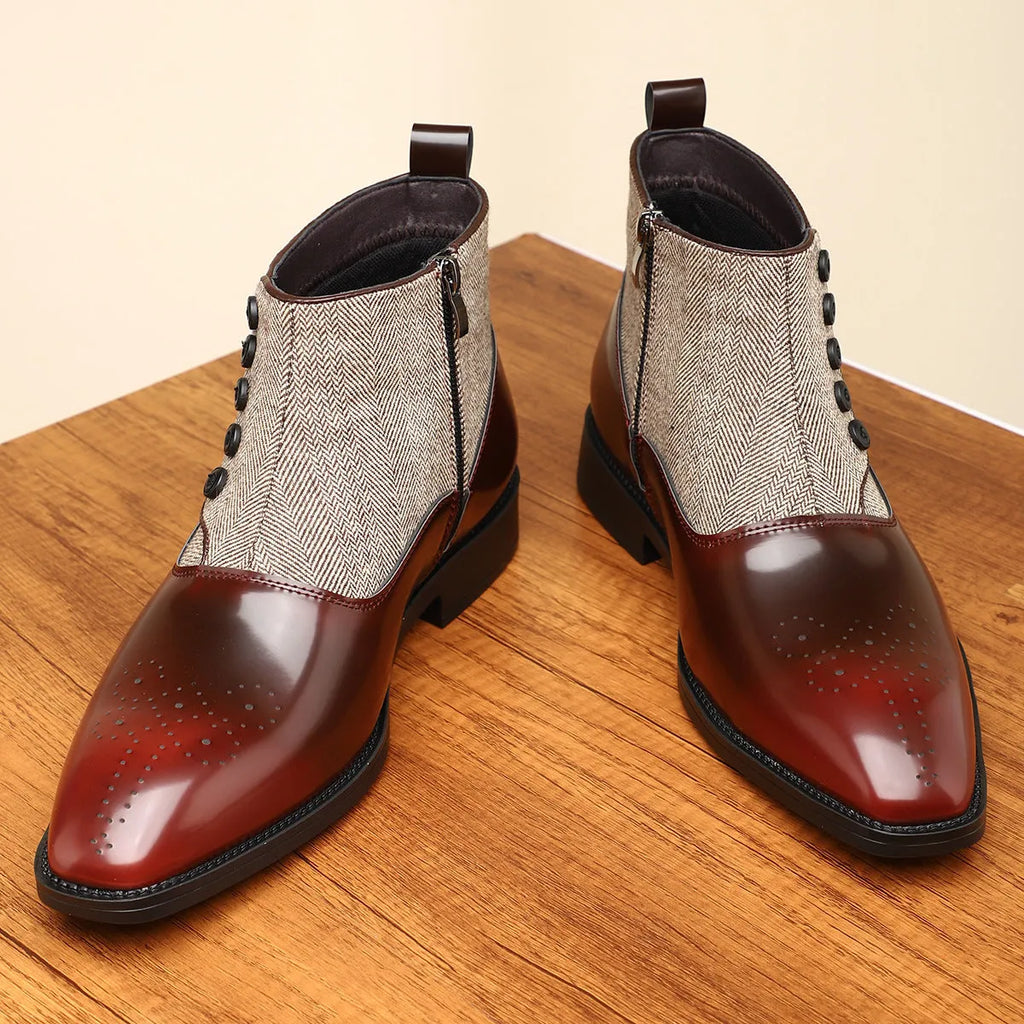 Men's brown and green retro formal shoes with side zipper and square toe