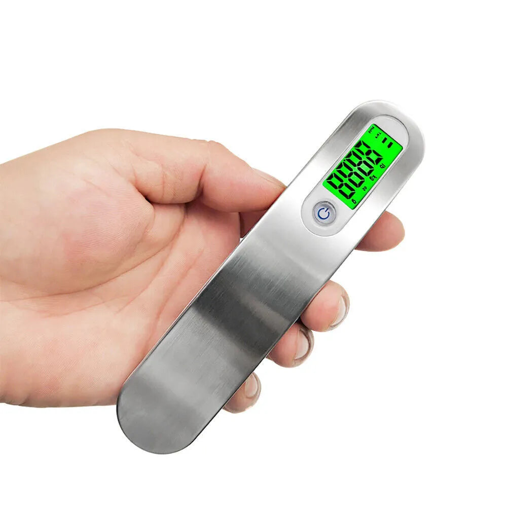Silver portable LCD digital luggage scale with belt on handle, 50kg capacity