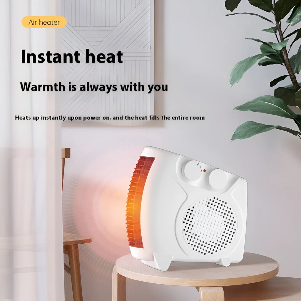 White compact desktop electric heater with power adjustment and two-speed fan control