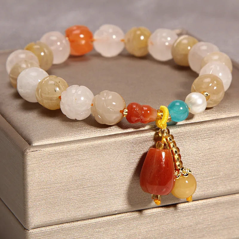 Women's yellow agate crystal bracelet with gold tone accents and khaki silk thread in Japanese Korean style