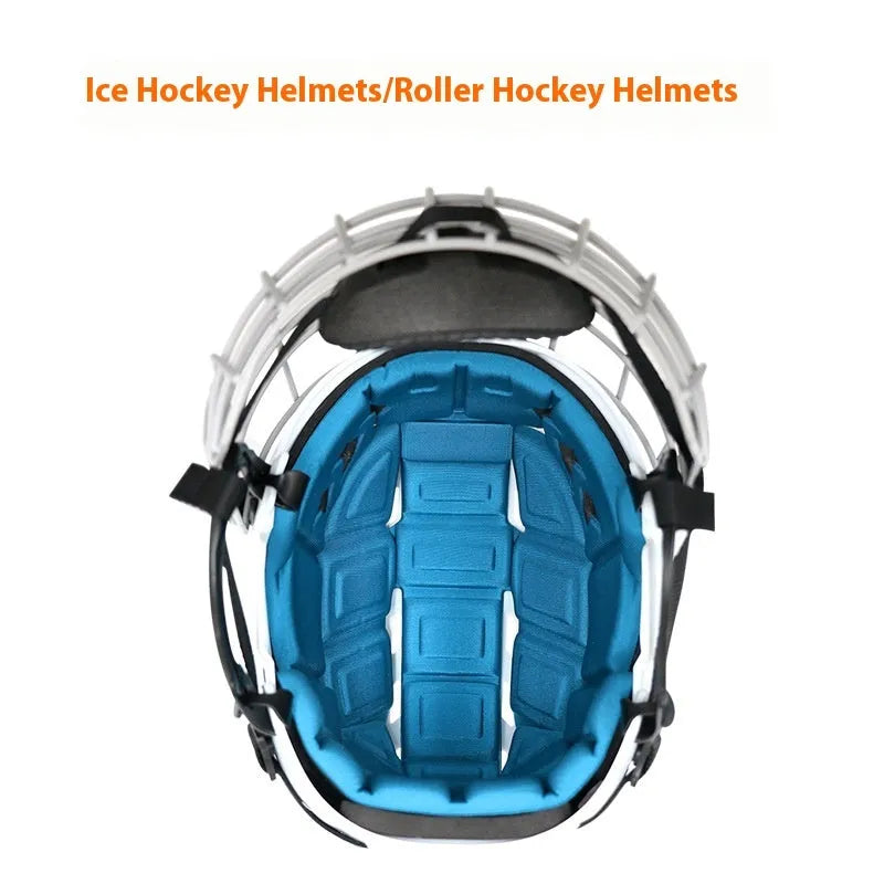 Ice hockey helmet with carbon steel face mask showing impact-resistant construction and cushioned lining
