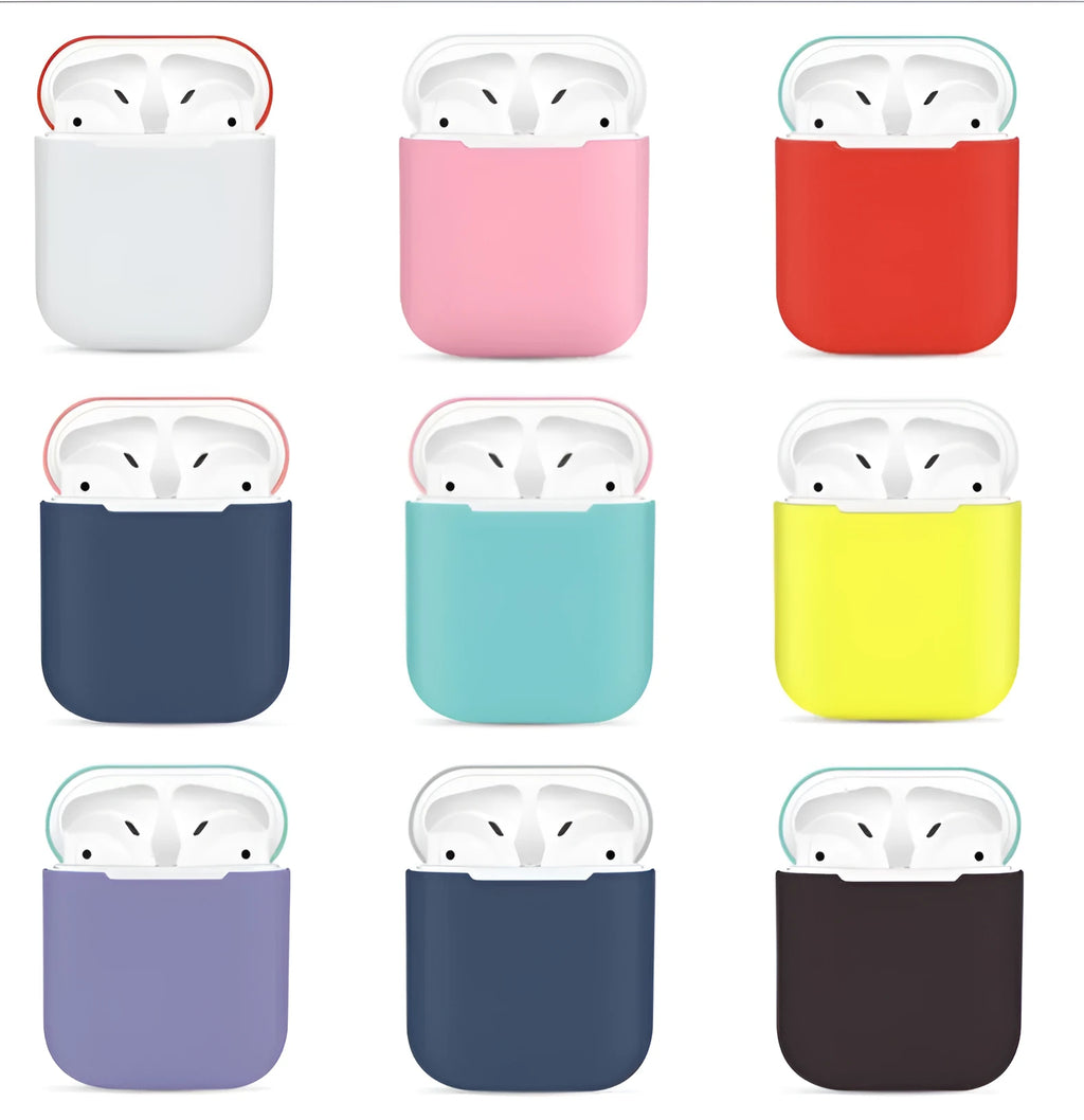 Silicone protective case cover for Apple AirPods charging box in split design, shown in multiple colour options.