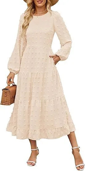 Women's high waist autumn dress with long ruffled sleeves in a solid colour