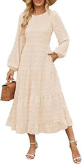 Women's high waist autumn dress with long ruffled sleeves in a solid colour