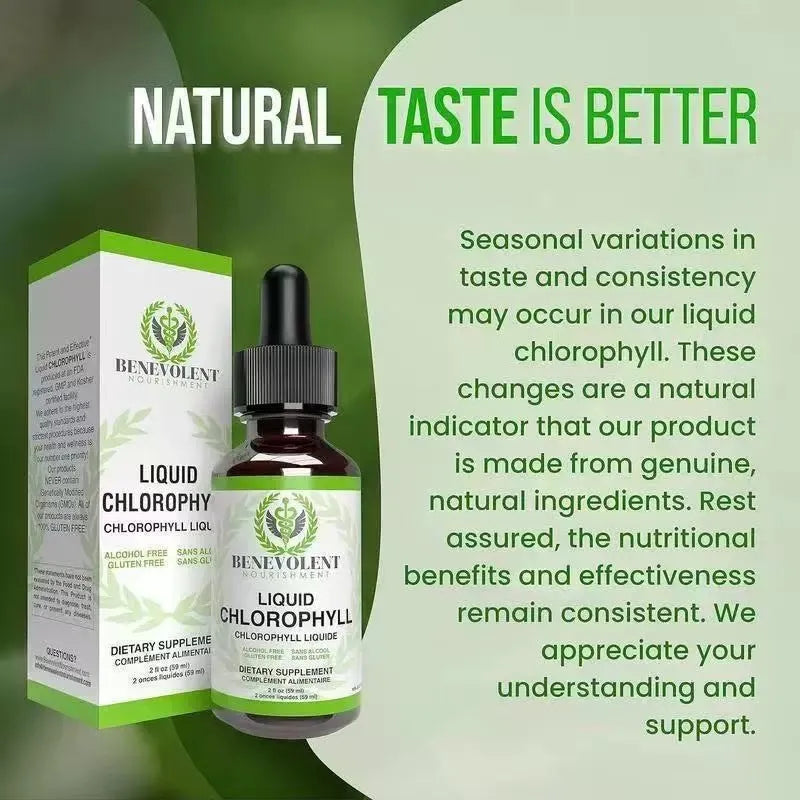 60ml bottle of natural liquid chlorophyll drops for adult intestinal care and body odour support.