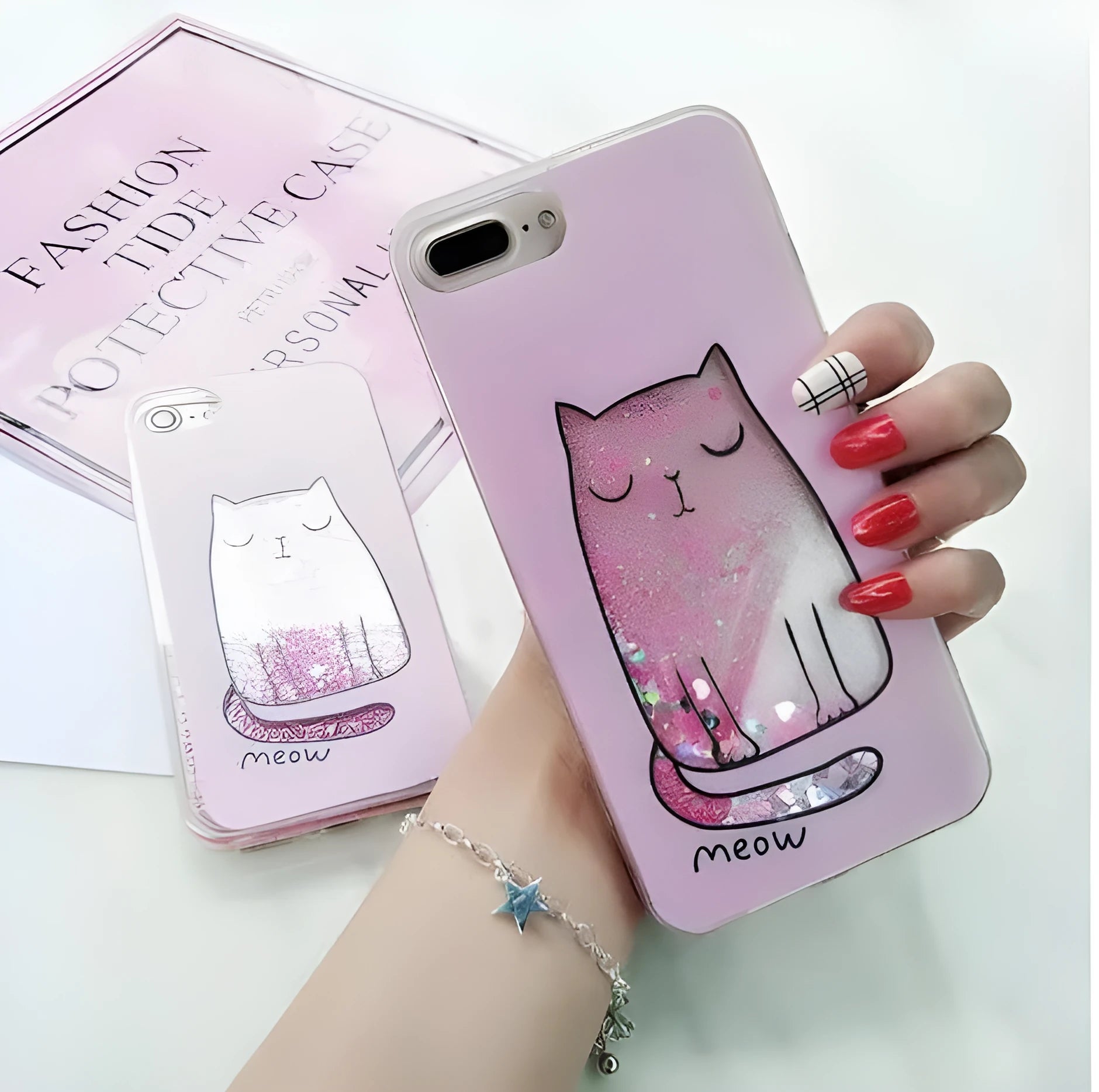 Four cat phone cases with glitter designs for iPhone 6 to iPhone X in bright colours