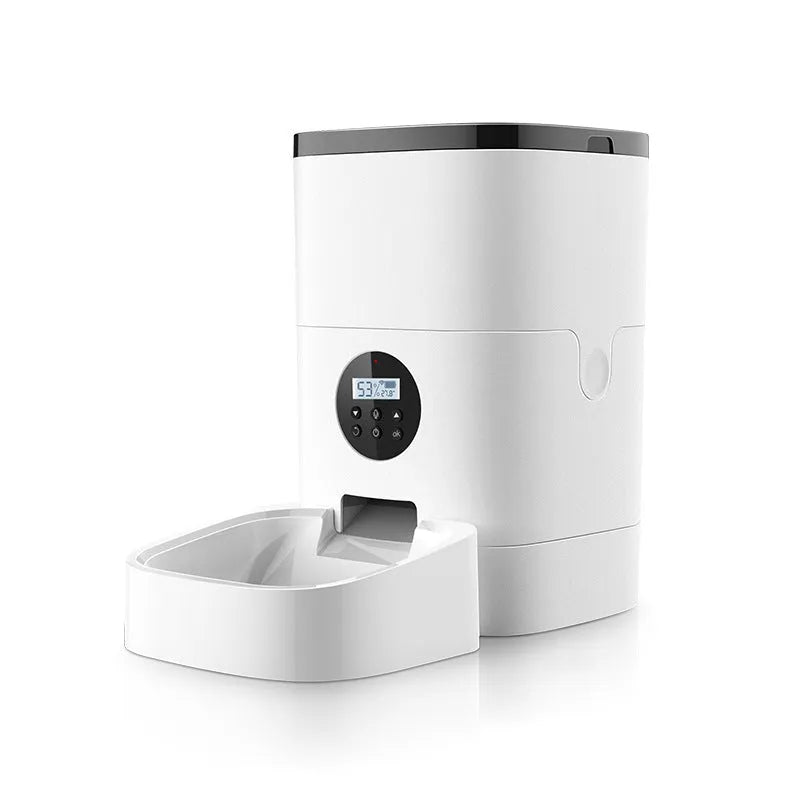 White 6L automatic pet feeder in food grade ABS for cats and dogs, 23x23x40 cm, dual power.