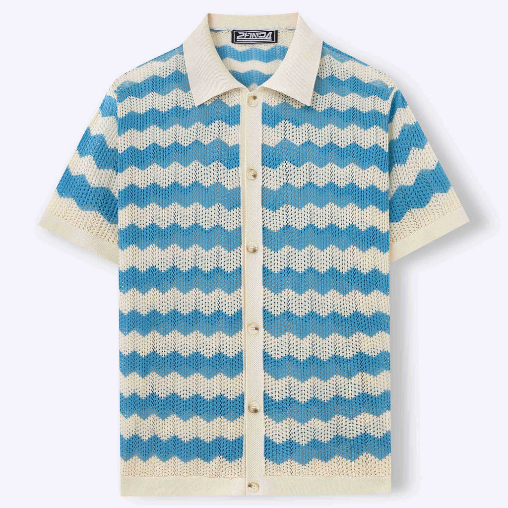 Short sleeve corrugated knit sweater in blue, brown, or yellow with a textured hollow jacquard and flocking design.