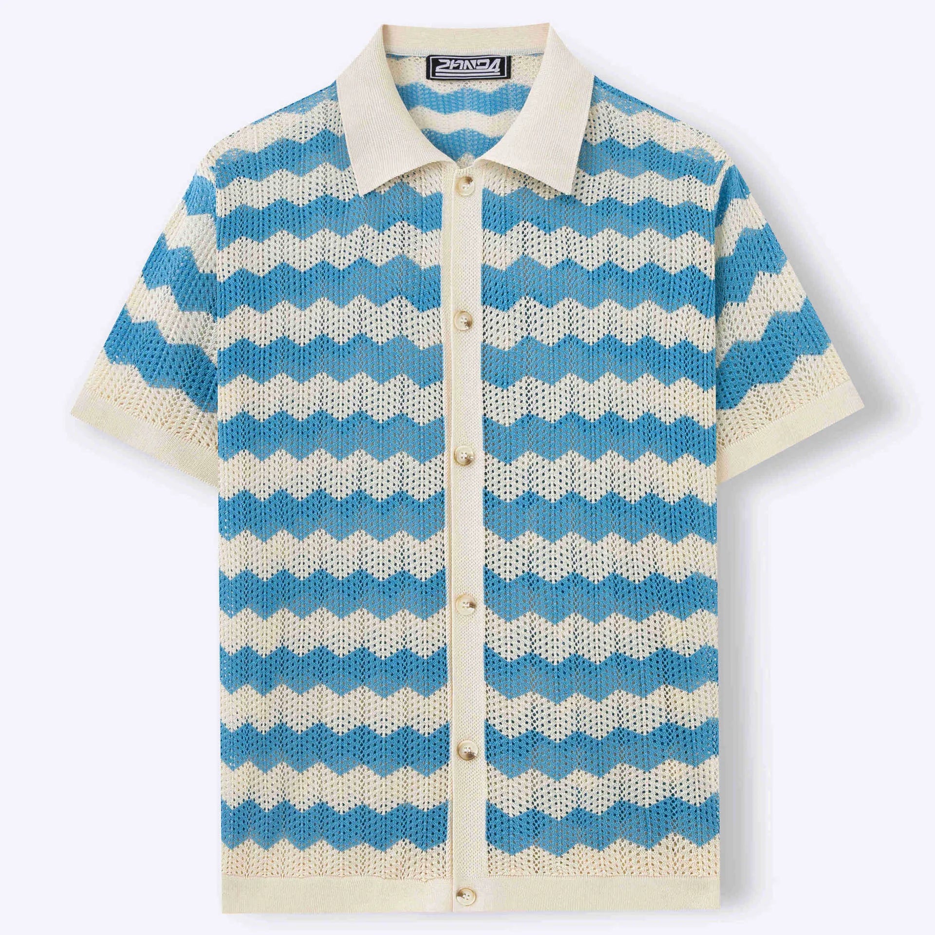 Short sleeve corrugated knit sweater in blue, brown, or yellow with a textured hollow jacquard and flocking design.