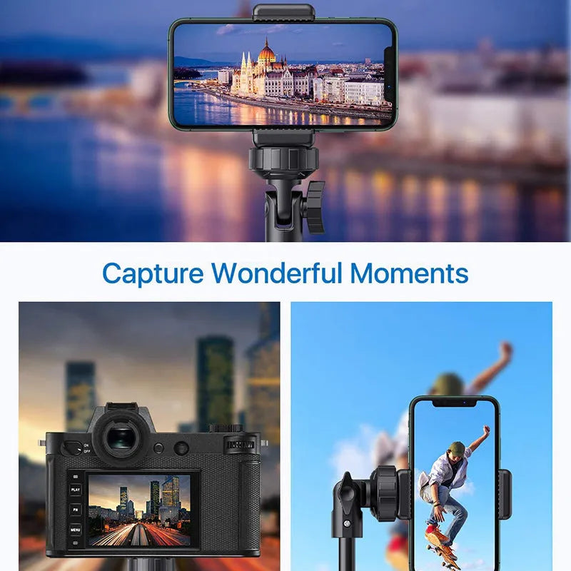 Black aluminium selfie stick tripod extended to full height with smartphone mounted
