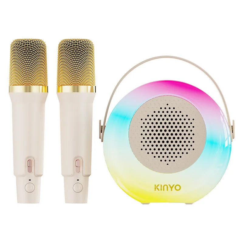 K38 creamy white Bluetooth karaoke speaker with two microphones for portable singing
