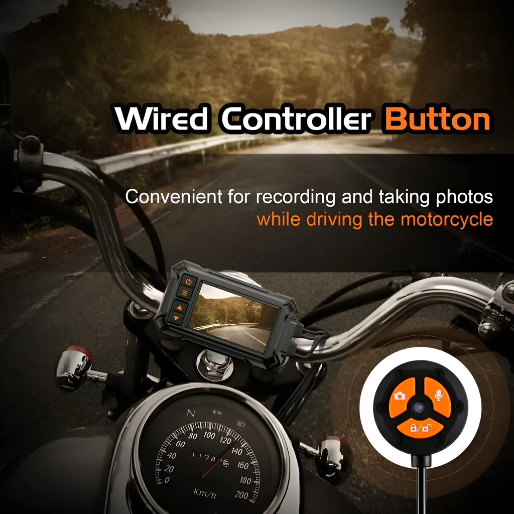 Motorcycle dash cam system with 3-inch screen, dual lenses, GPS module, and handlebar controller