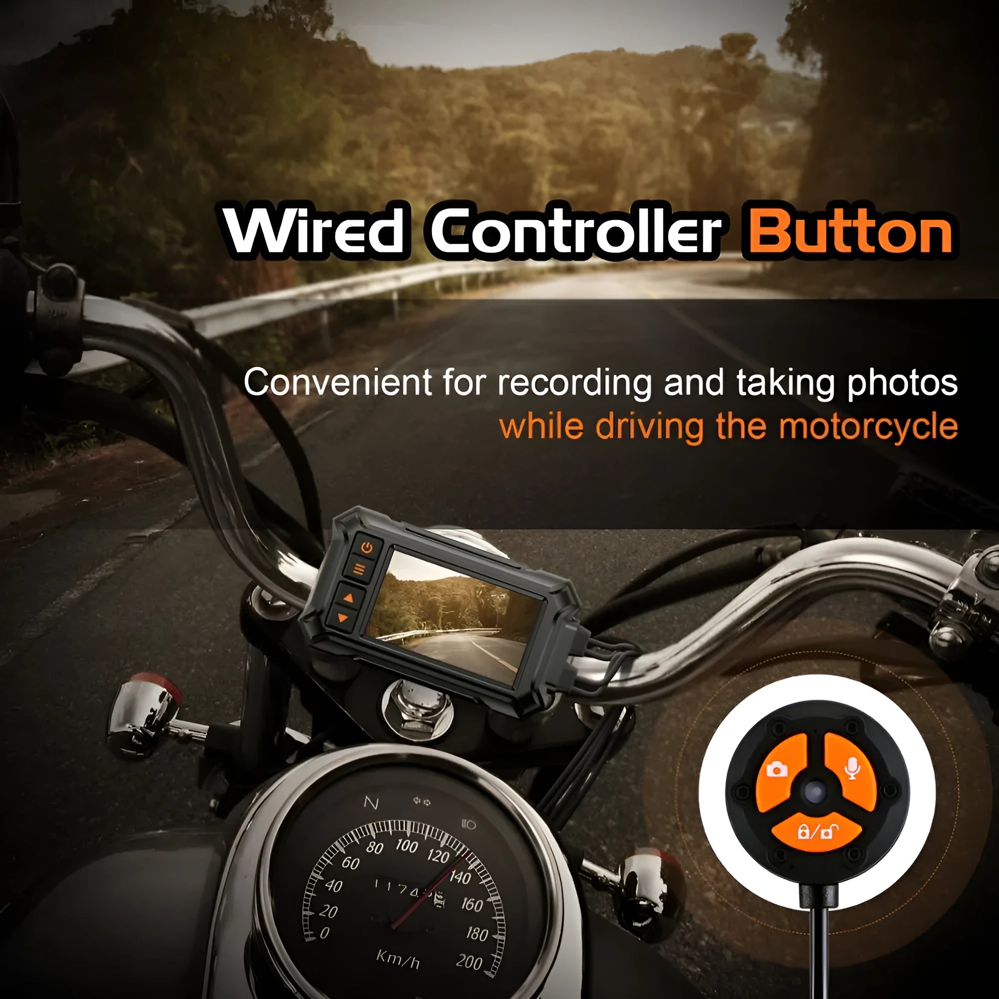 Motorcycle dash cam system with 3-inch screen, dual lenses, GPS module, and handlebar controller