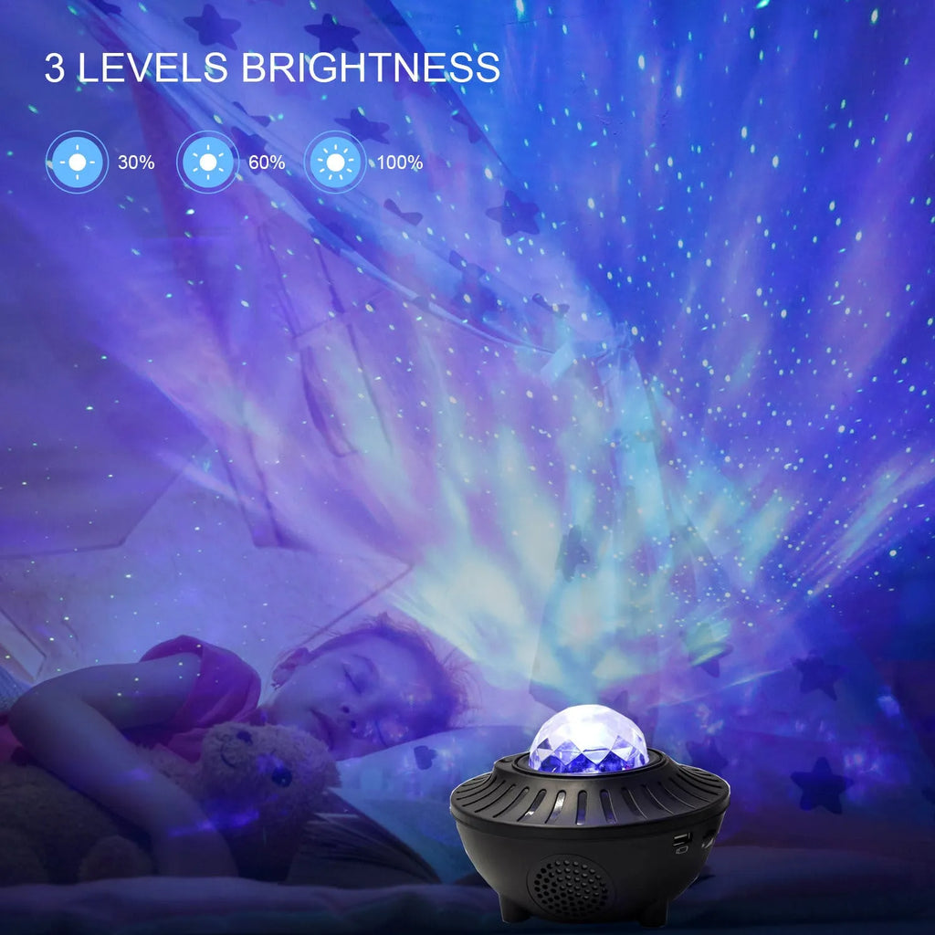 LED Bluetooth music projector light with starry sky effect, green laser, remote control, and USB cable